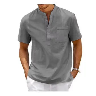 Men's solid colour short sleeve polo shirt with stand collar and loose fit, bird eye cloth, summer top.