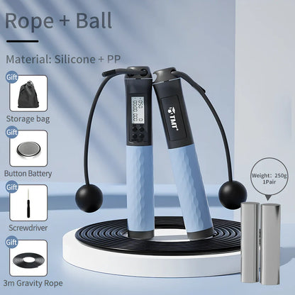 Digital counter jumping rope with adjustable length and silicone grips in black, blue, or pink colours