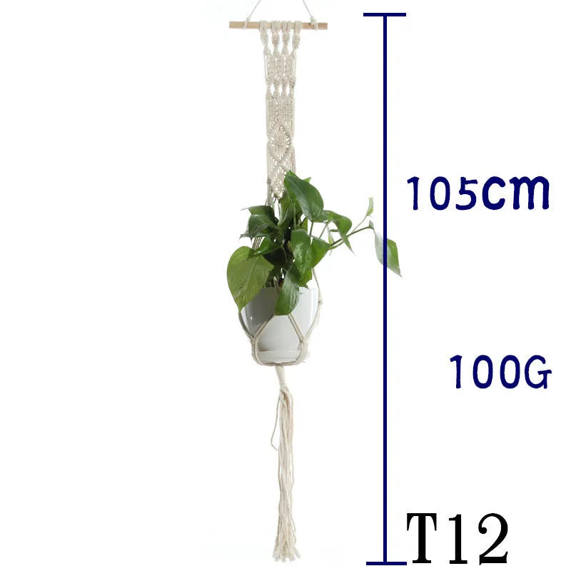 Handmade beige cotton rope net bag holding a plant pot, showing its textured sling design.