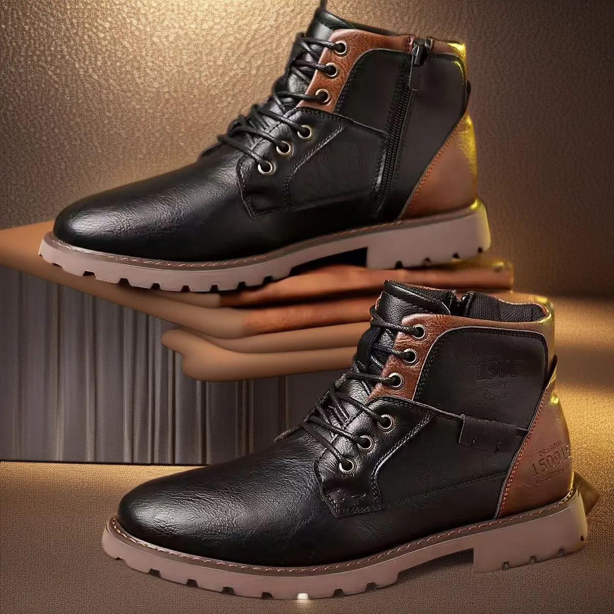 Men's brown side-zip Martin ankle boots with round toe and rubber sole