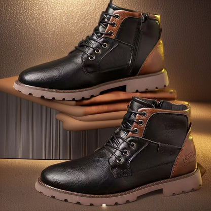 Men's brown side-zip Martin ankle boots with round toe and rubber sole