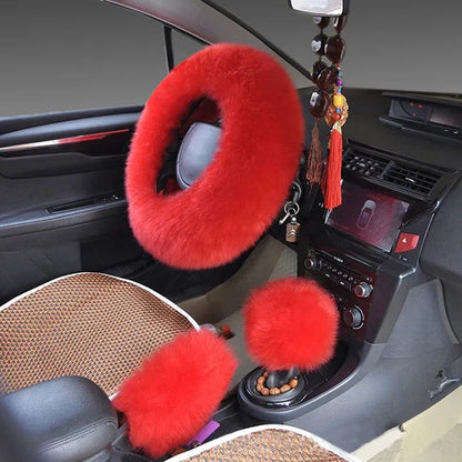 Wool steering wheel cover and handle cover set for car interiors