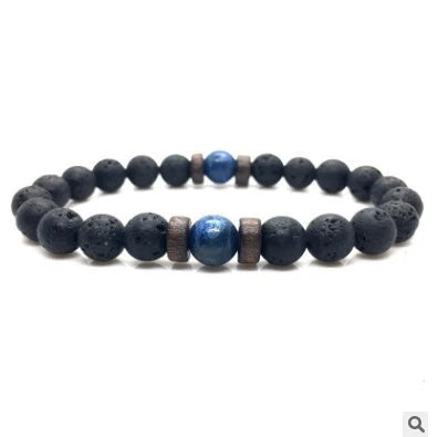 A stylish and durable men's bracelet made with volcanic stone, flash stone, and wood chips