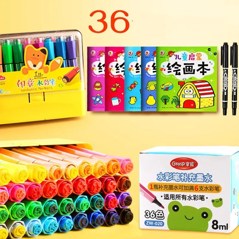 Safe non-toxic washable painting brush set with hexagonal rods in blue, pink or yellow