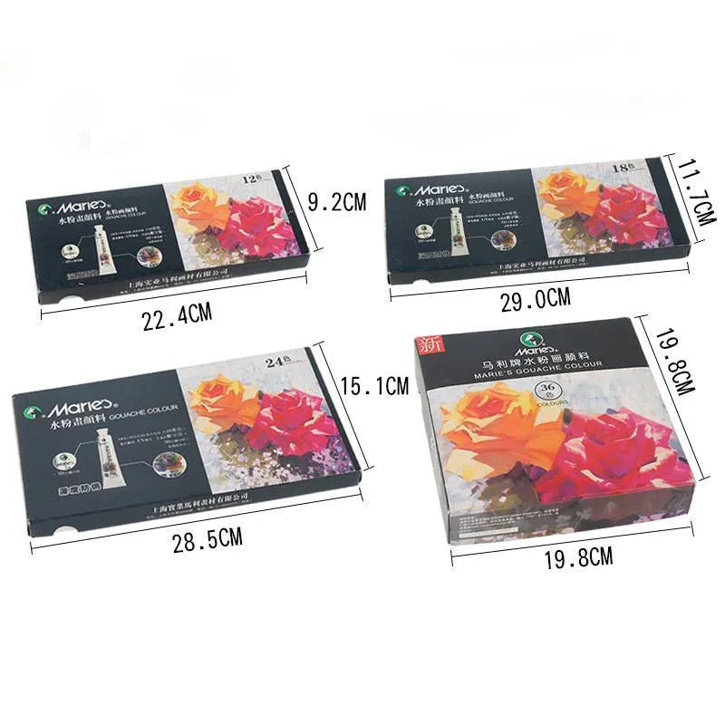 Gouache paint set with multiple coloured tubes in 12, 18, or 24 colour configurations