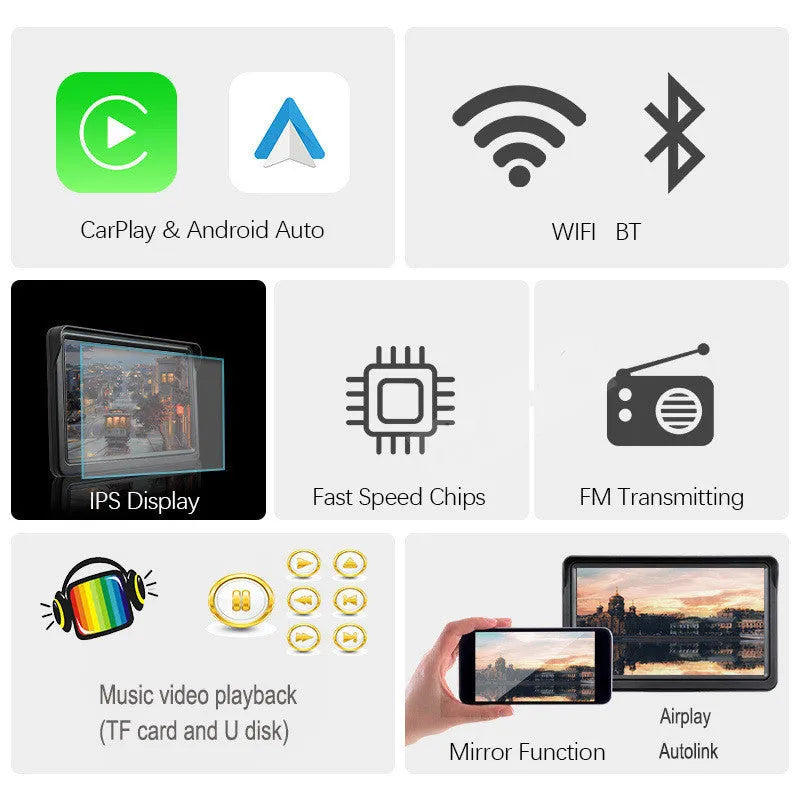 7-inch IPS car smart screen with wireless CarPlay and Android Auto on retractable bracket