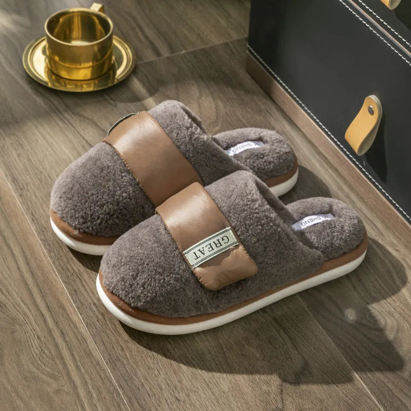Beige Velcro-fastening plush indoor slippers with round toe and non-slip plastic sole.