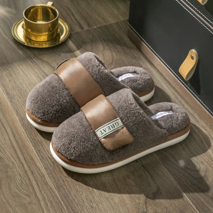 Beige Velcro-fastening plush indoor slippers with round toe and non-slip plastic sole.