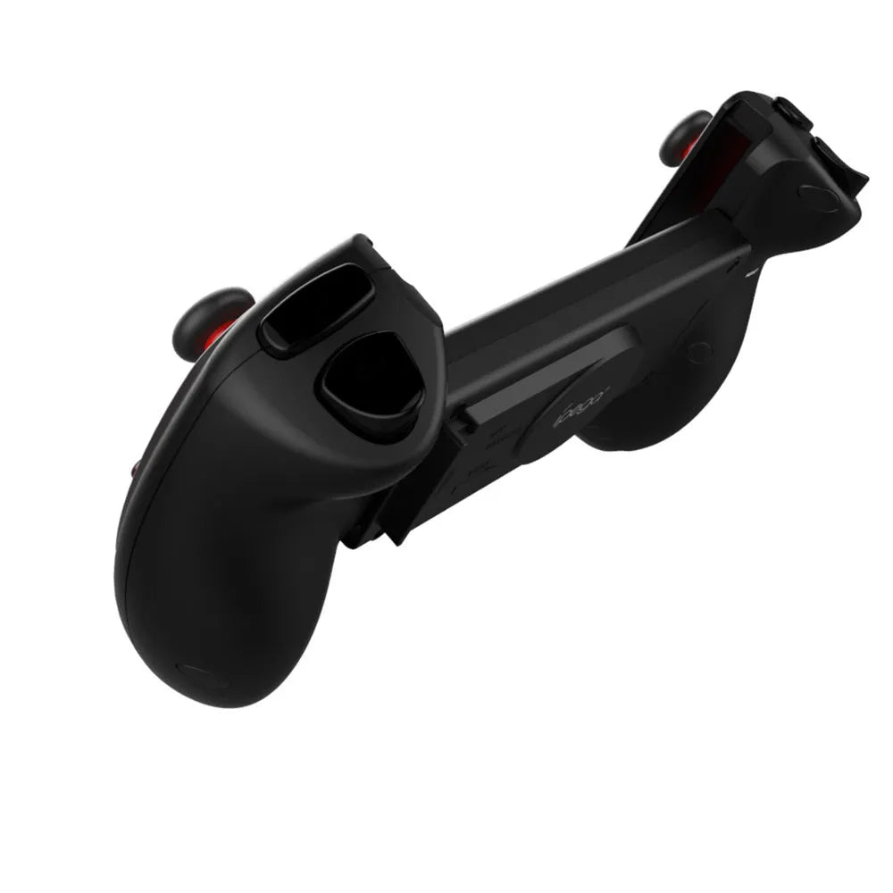 Red telescopic Bluetooth gamepad extended with smartphone mounted between controls