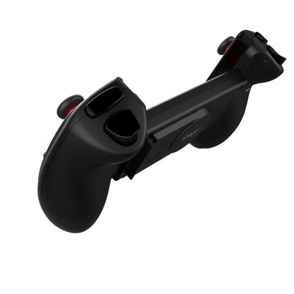Red telescopic Bluetooth gamepad extended with smartphone mounted between controls