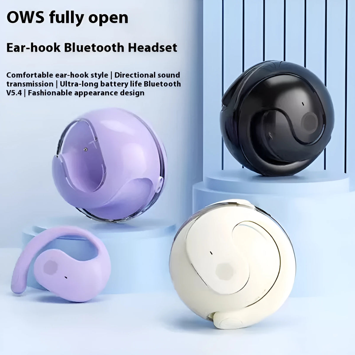 Small Coconut Ball wireless Bluetooth ear-hook headset with bone conduction, shown in Black, Milky White or Violet PC ABS
