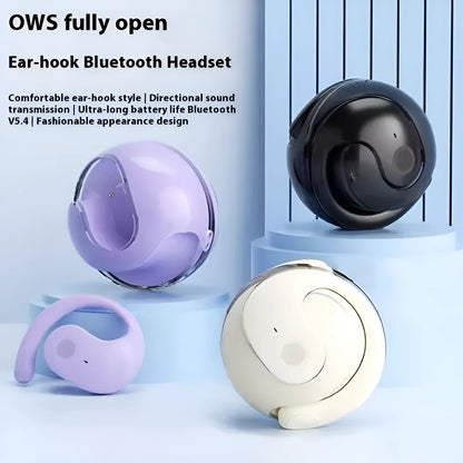 Small Coconut Ball wireless Bluetooth ear-hook headset with bone conduction, shown in Black, Milky White or Violet PC ABS