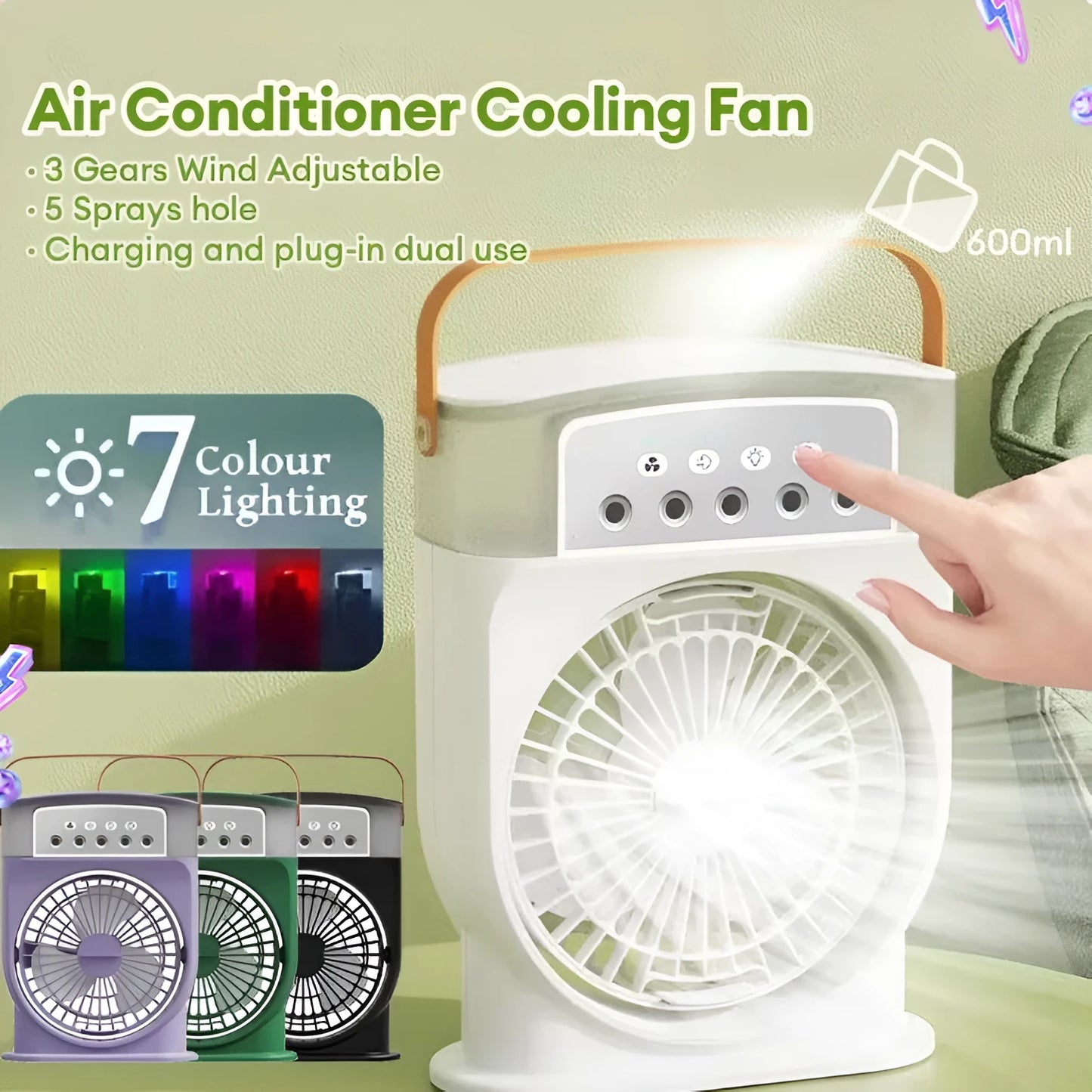 Black portable USB air cooler fan with adjustable head, leather handle, and removable water tank on a desk.