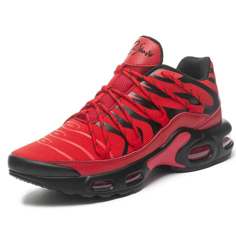Men's breathable mesh sports shoes with rubber sole, air cushion, front lace-up, available in black, blue, red, and white