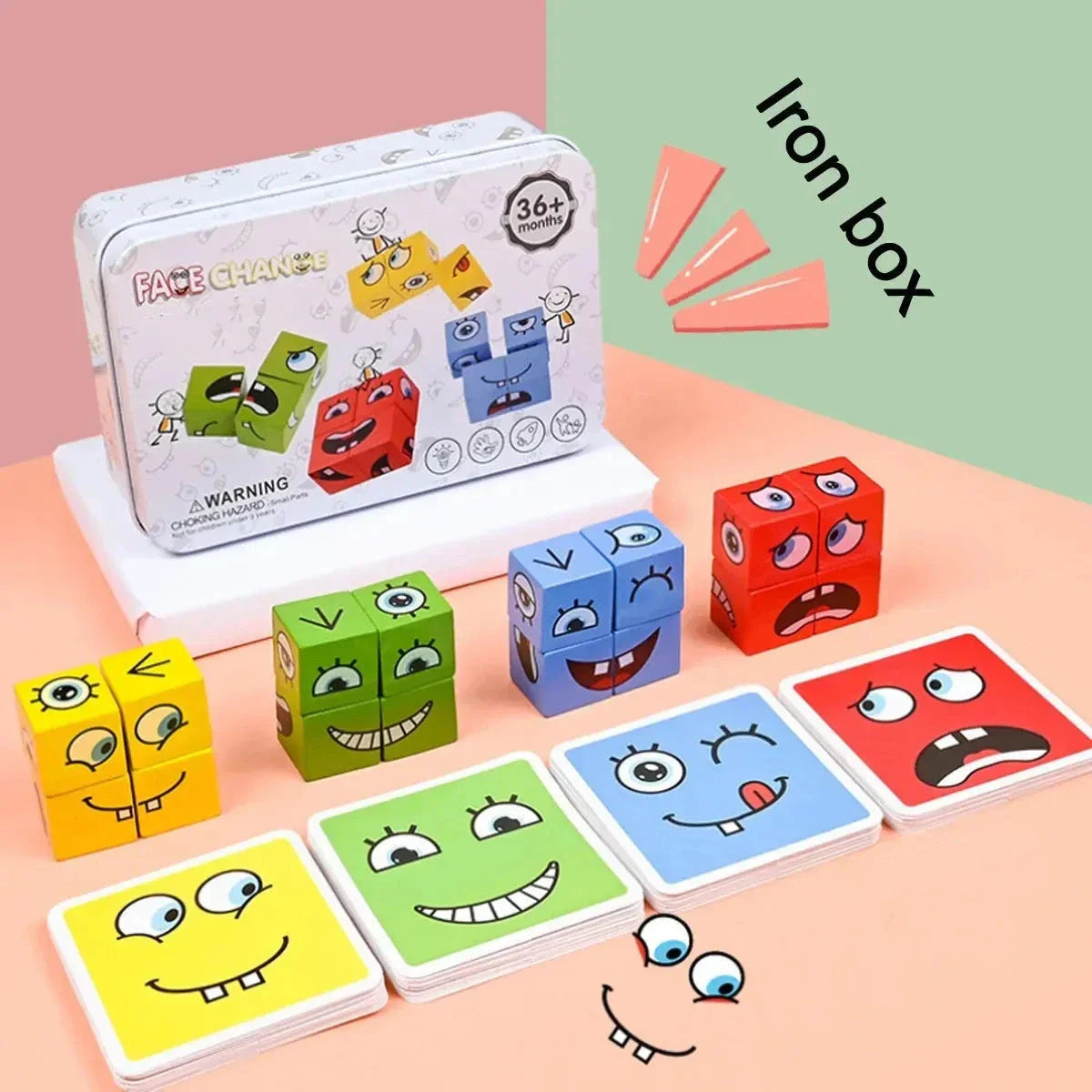 Clever Wooden Emoji Cube Puzzle - Educational Building Blocks for UK Children