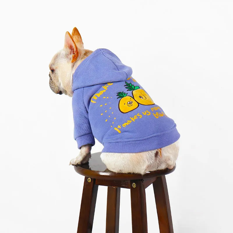 Blue and purple cotton pet hoodie with cartoon print design for dogs and cats