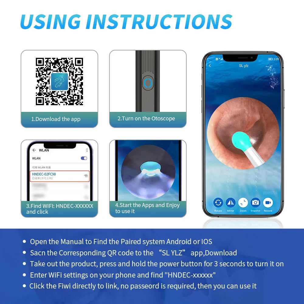 NE3 wireless otoscope ear cleaning kit with camera, LED light, and spoon heads