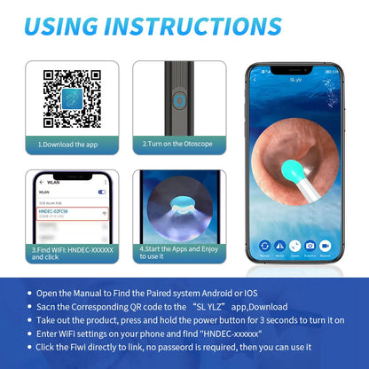 NE3 wireless otoscope ear cleaning kit with camera, LED light, and spoon heads