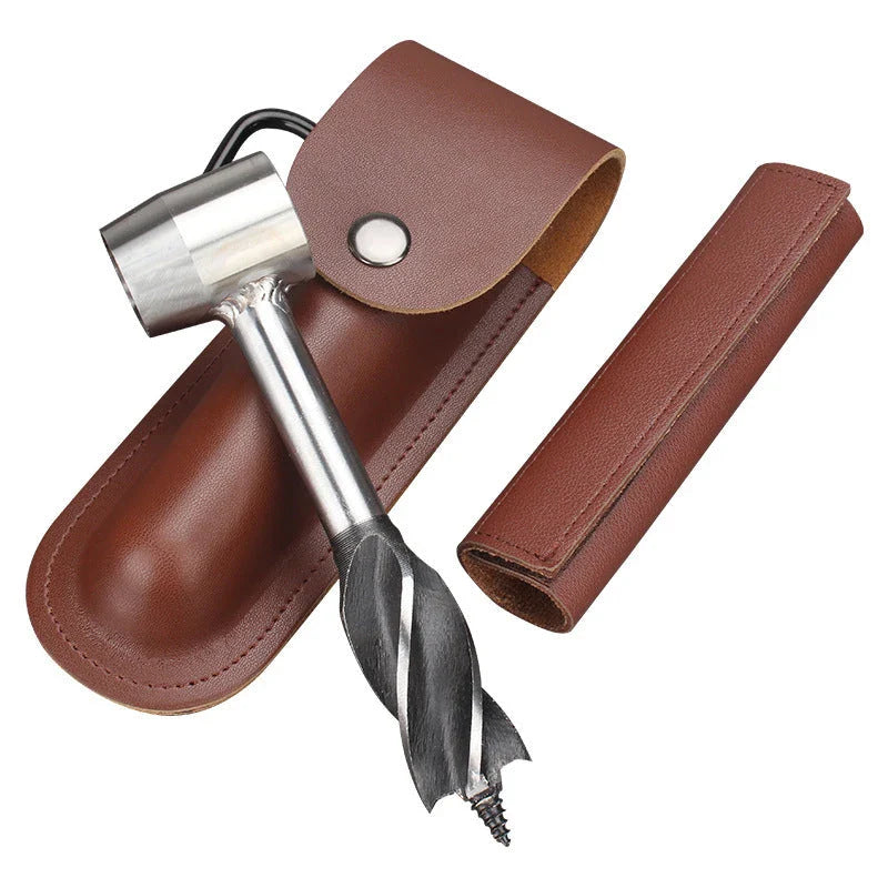 Rugged Outdoor Auger Drill with Genuine Leather Case for Camping, Bushcraft, and Outdoor Survival Tasks
