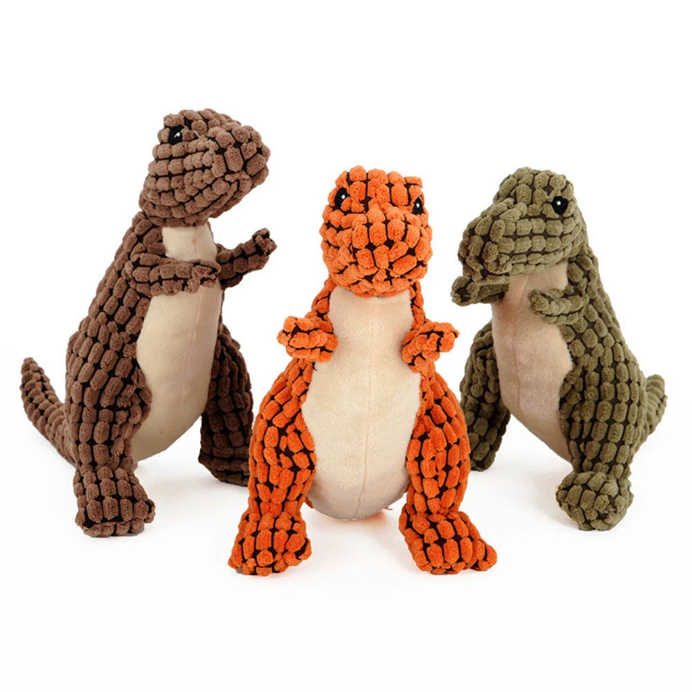 Durable dinosaur-shaped dog toys made of corn velvet and plush filling, available in multiple colors and sizes for large and small pets