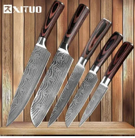 Professional chef knife with laser-etched Damascus pattern on 7Cr17 steel blade and coloured wood handle.