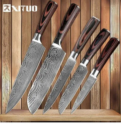 Professional chef knife with laser-etched Damascus pattern on 7Cr17 steel blade and coloured wood handle.