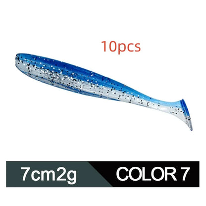 Soft plastic worm lure with a two-tone T tail, shown in one of its 14 colour options.