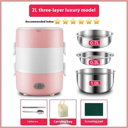 Portable plug-in insulated lunch box with stainless steel inner liner, shown in coffee and pink colour options.