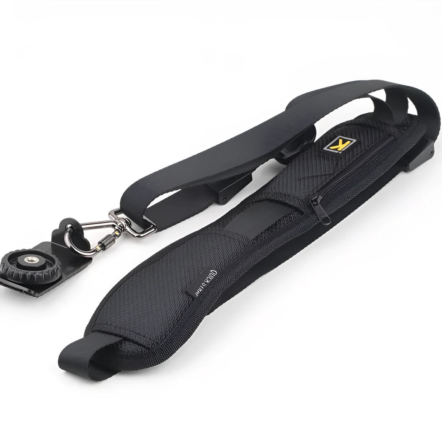 Black nylon single shoulder sling strap for DSLR camera with quick-adjust buckle and wide shoulder pad.