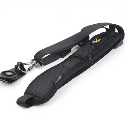 Black nylon single shoulder sling strap for DSLR camera with quick-adjust buckle and wide shoulder pad.