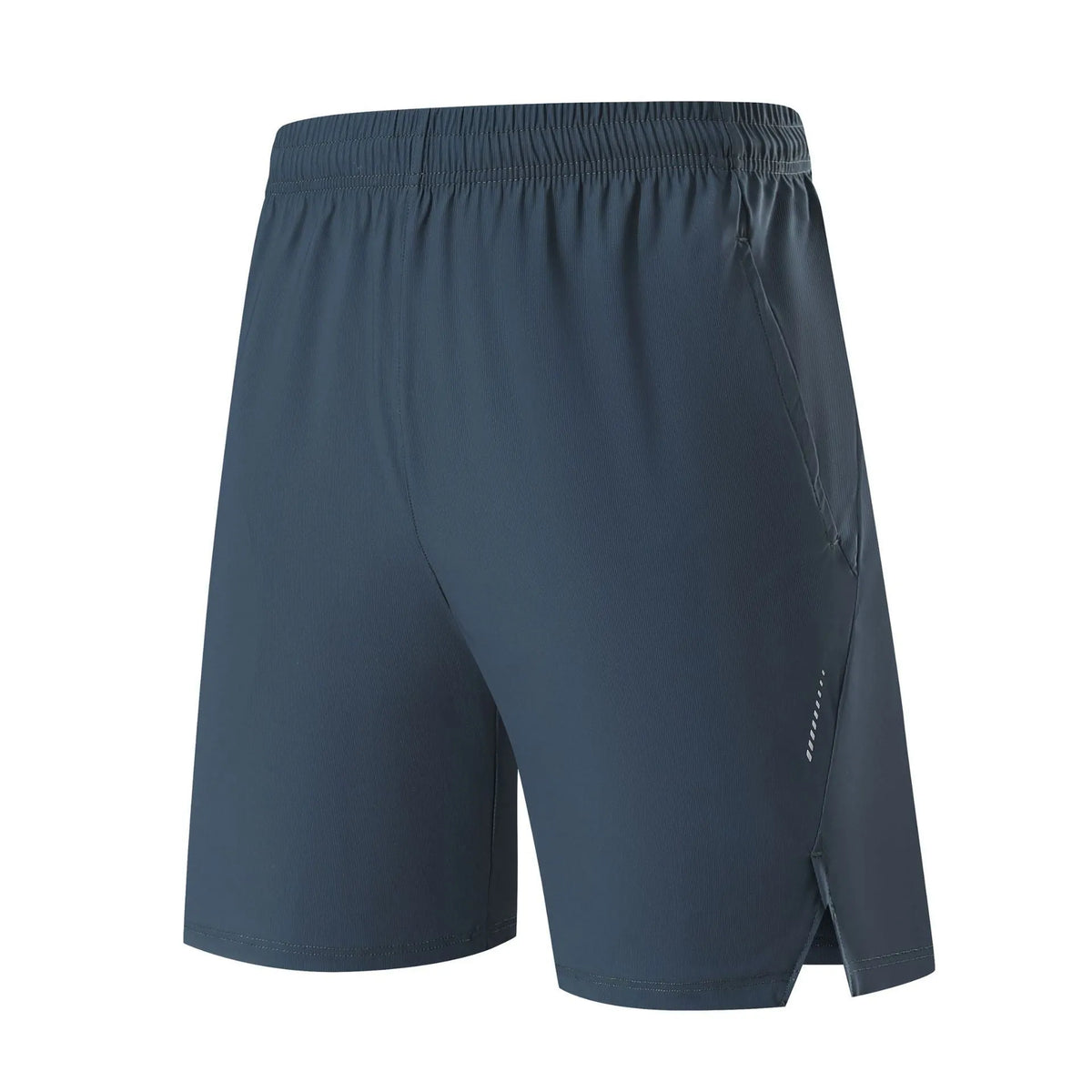 Men's black nylon sports shorts with mid-waist, shown flat.