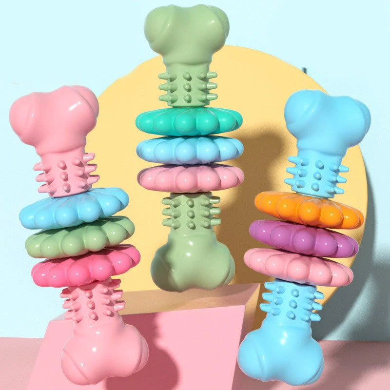 TPR Dog Chew Bone in blue, pink, and green for teeth cleaning and stress relief