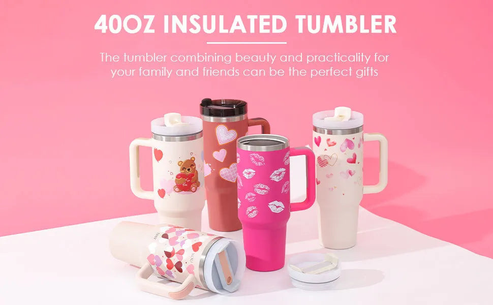 40oz stainless steel tumbler with handle and straw in various colour options showing tapered shape and spill-proof lid