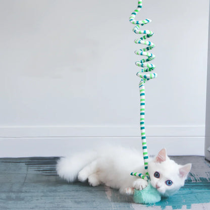 Blue interactive cat hanging toy with 8cm plush ball on 70cm stretch wand to 180cm, sucker base for window play