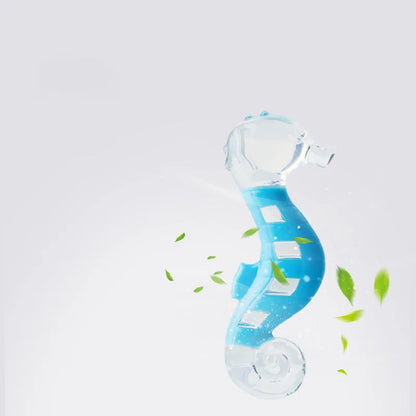 Two PU nylon dog chew toys: one seahorse shape and one tuna shape, on a white background.