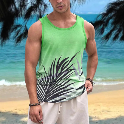 Men's 3D printed sleeveless vest in solid colour Hawaiian style