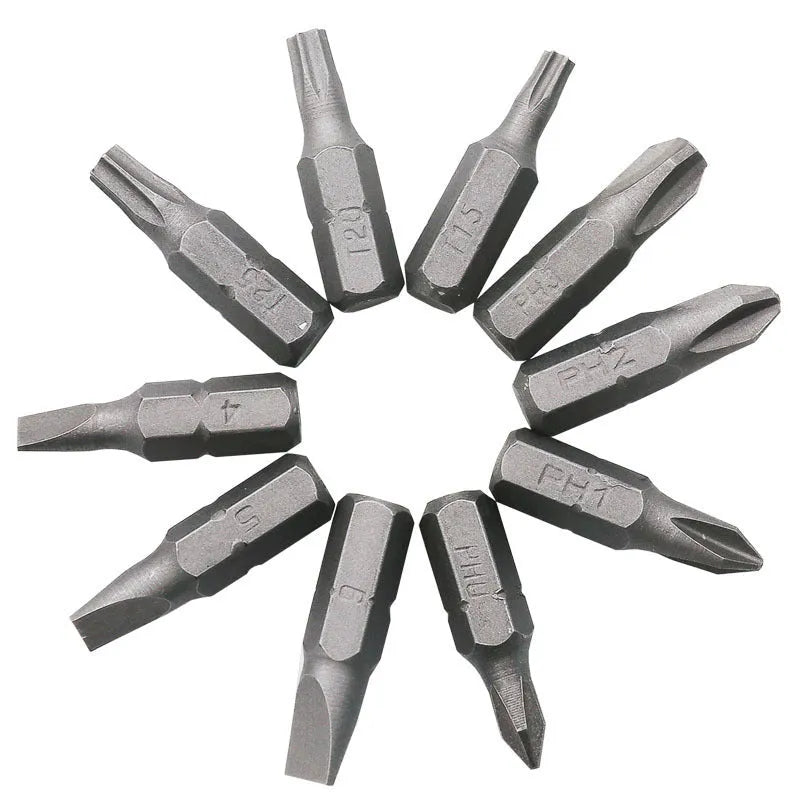 L-shaped double-headed socket wrench with ten screwdriver bits on steel background