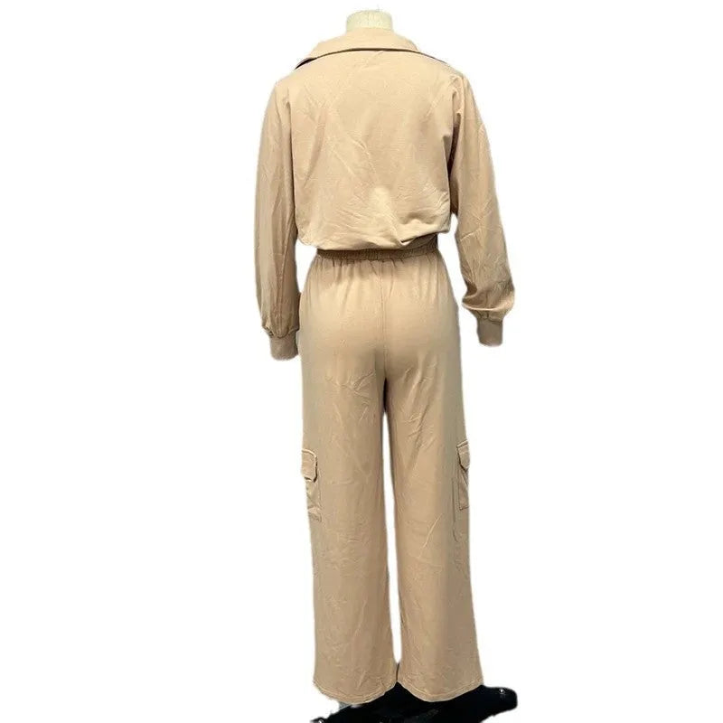 Women's light camel polyester two-piece work set with lapel top and wide-leg trousers
