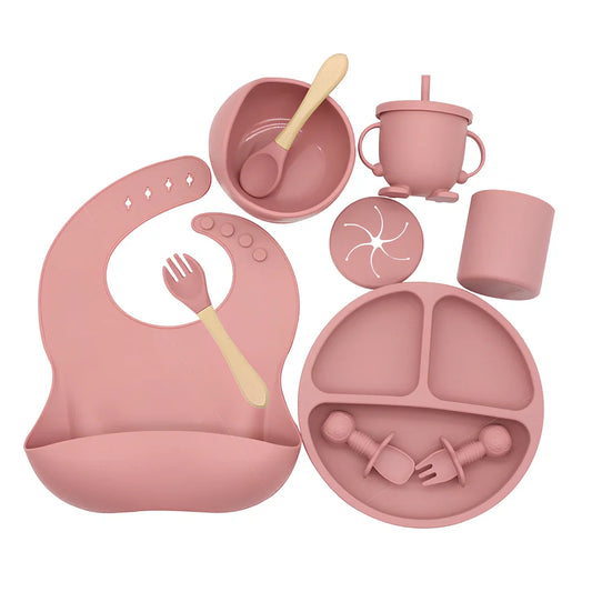 10-piece silicone baby feeding set in dark red, FDA-certified with heat resistance -40°C to +220°C for safe complementary food