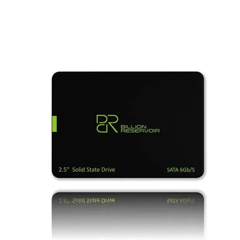 Black 2.5-inch SATA solid state drive with plastic casing, shown alongside capacity options.
