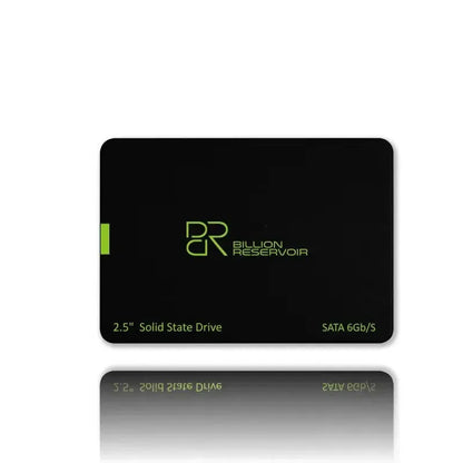Black 2.5-inch SATA solid state drive with plastic casing, shown alongside capacity options.