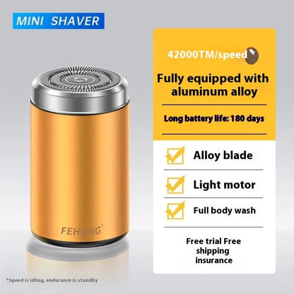 Mini gold and black men's electric shaver with washable design and low-noise brushless motor.
