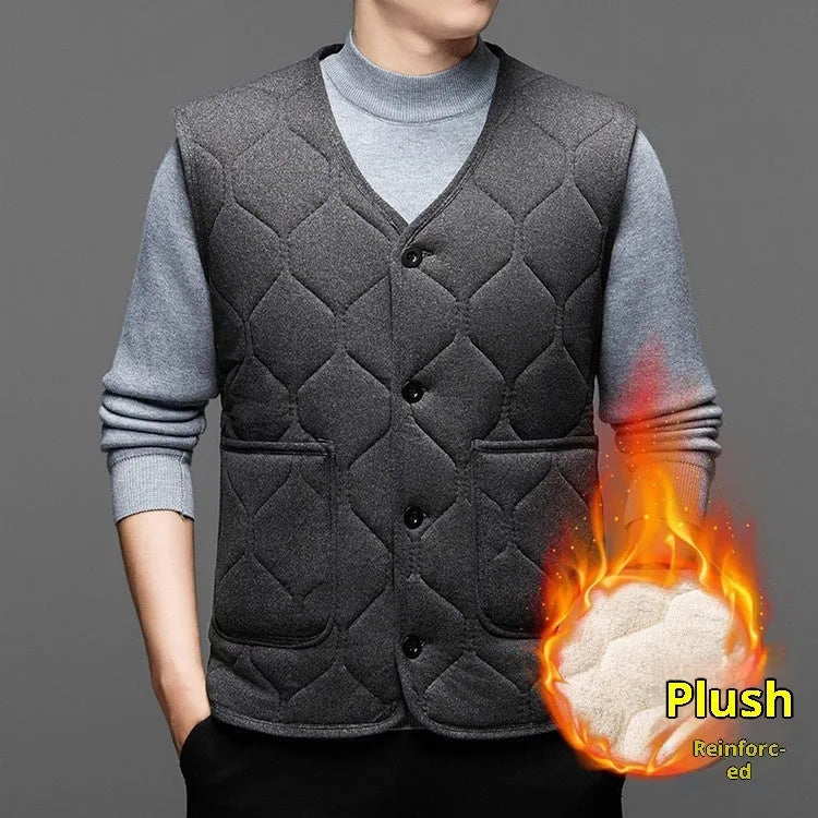 Men's Fleece-Lined Thick Cotton Vest for Middle-Aged and Elderly Casual Wear, Sleeveless Cardigan in Black or Gray, Sizes M to 4XL, Polyester Lining, No Hood