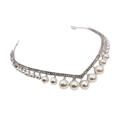 Silver tone bridal crown with pearl detail, about 13 cm diameter and 3 cm height, simple wedding hair accessory