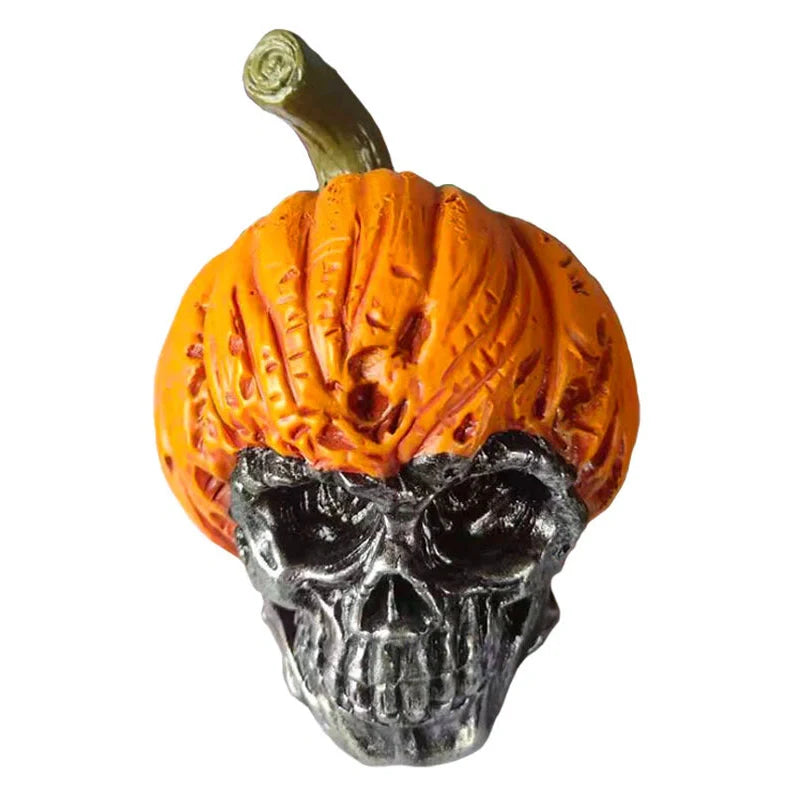 Hand-painted pumpkin skull resin ornament measuring 12cm tall with orange and black colour scheme