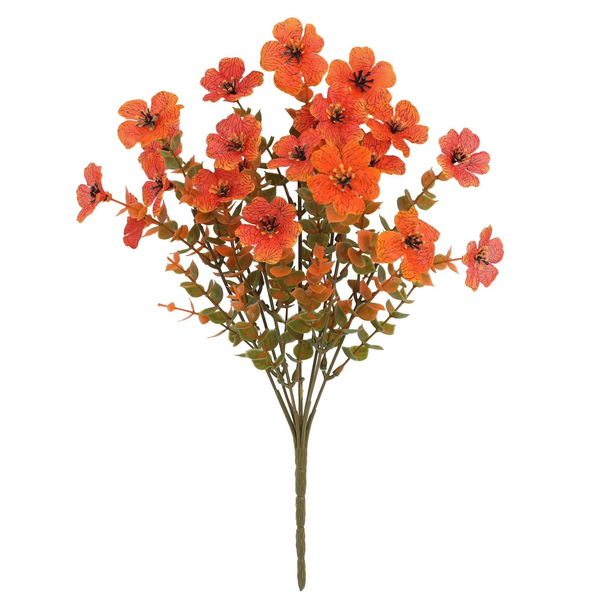 Artificial flower bouquet in autumn colours of red, yellow, and orange made from plastic and silk.