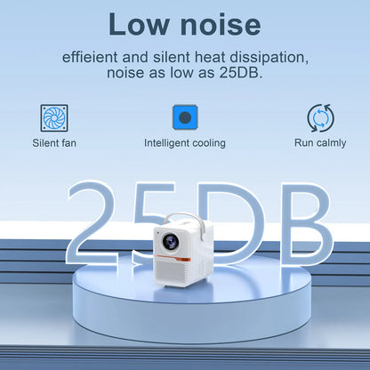Black P10 2023 mini portable LCD projector with Android OS on a wooden table.