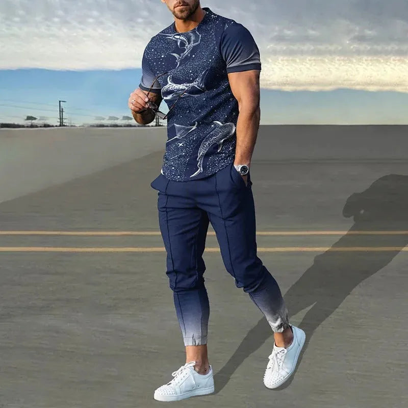Men's printed short-sleeved pullover and trousers set in polyester blend fabric