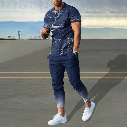 Men's printed short-sleeved pullover and trousers set in polyester blend fabric