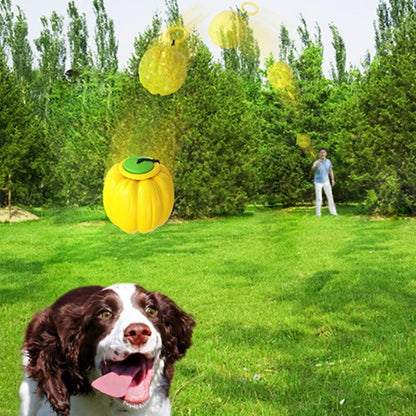Green, orange, and yellow pumpkin-shaped plastic dog ball with squeaker for small dogs.
